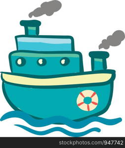 Blue triple storied steam ship with life preserver vector color drawing or illustration