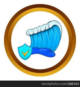 Blue tsunami wave vector icon in golden circle, cartoon style isolated on white background. Blue tsunami wave vector icon