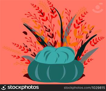 Blue turban pumpkin with bright yellow and orange leaves background. Vivid fall harvest colorful composition. Unique and delicious varieties of winter and autumn squashes. Vector Illustration.. Light blue turban pumpkin with vivid color leaves