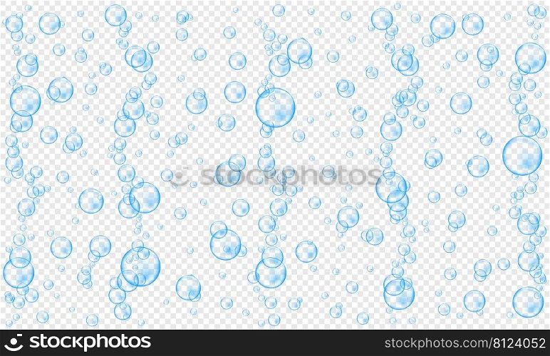 Blue underwater sparkling bubbles on transparent background. Water stream in sea or aquarium. Fizzy carbonated drink texture. Vector realistic illustration.. Blue underwater sparkling bubbles on transparent background. Water stream in sea or aquarium. Fizzy carbonated drink texture. Vector realistic illustration