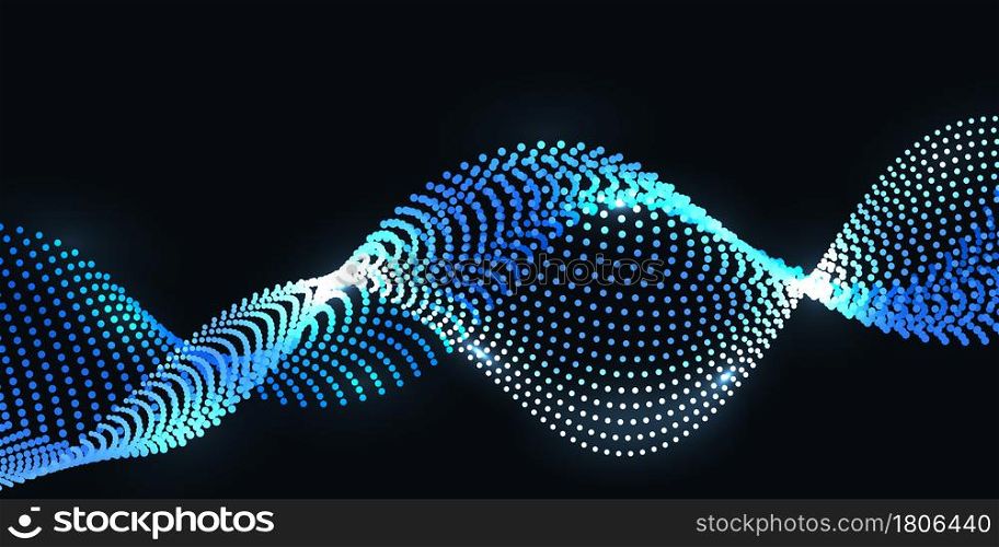 Blue undulate wave with nano dot particles and light effect. Cyber space and nano technology, big data science and digital network. Abstract background. Vector illustration