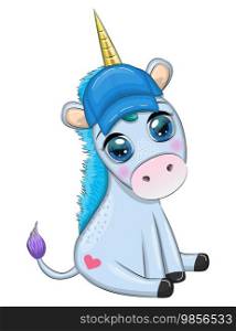 Blue unicorn pony sitting. Cute baby card, baby girl with big eyes.. Pink unicorn pony sitting. Cute baby card, baby girl with big eyes