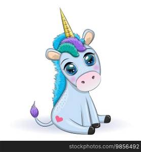 Blue unicorn pony sitting. Cute baby card, baby with big eyes.. Blue unicorn pony sitting. Cute baby card, baby with big eyes