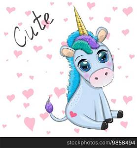 Blue unicorn pony sitting. Cute baby card, baby with big eyes.. Blue unicorn pony sitting. Cute baby card, baby with big eyes