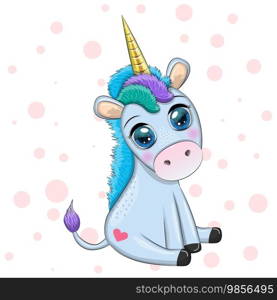 Blue unicorn pony sitting. Cute baby card, baby with big eyes.. Blue unicorn pony sitting. Cute baby card, baby with big eyes