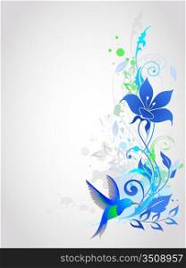 Blue vector background with floral ornament and humming-bird