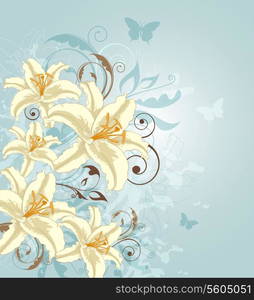 Blue vector background with flowers and butterflies