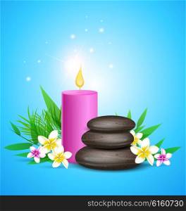 Blue vector background with green leaves, spa stones and pink candles.