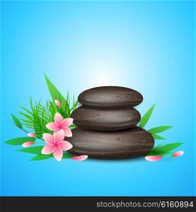 Blue vector background with green leaves, spa stones and pink tropical flowers.