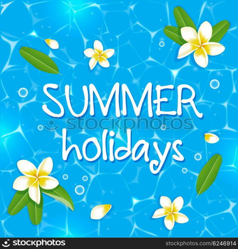 Blue vector summer background with tropical flowers and leaves in water.