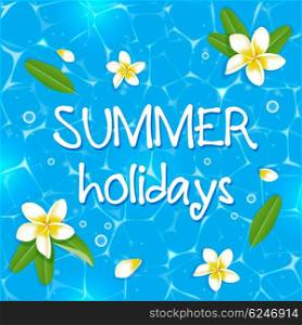 Blue vector summer background with tropical flowers and leaves in water.