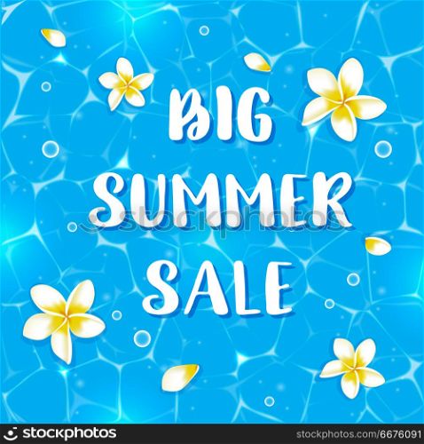 Blue vector summer background with tropical flowers in water. Banner for seasonal summer sale. . Summer background with tropical flowers in water