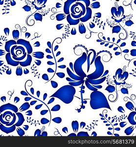 Blue vegetation floral ornament on a white seamless background. Gzhel. Vector illustration.