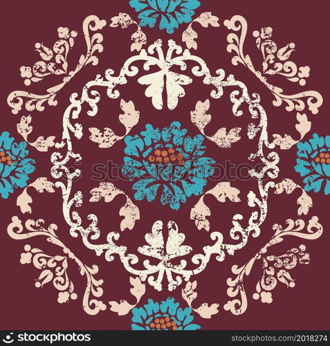 Blue vintage flowers with ornate patterns on burgundy background. Vintage texture pattern. Seamless damask pattern. Vector illustration. For wallpaper, textile, tile or wrapping paper.. Blue vintage flowers with ornate patterns