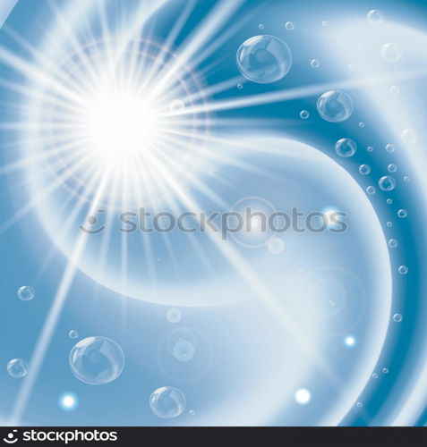 Blue vortex background with bubbles and flare