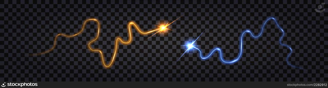 Blue vs yellow elecgric thunder bolt. Impulse discharge with shock light glow effect. Wave swirl cable, shiny trail , isolated on dark transparent background. Vector illustration