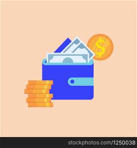 Blue Wallet with Paper Currency Banknotes Sticking Out and Dollar Coins Pile Isolated on Beige Background. Payment Concept, Earning Money, Cash Transfer, Finance Flat Vector Illustration, Icon.. Blue Wallet with Paper Banknotes and Dollar Coins