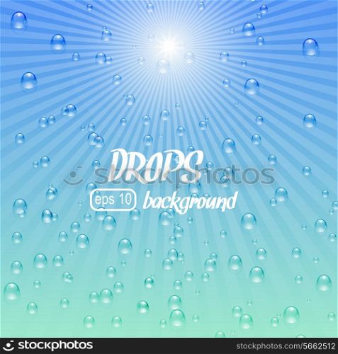 Blue water background with drops / bubbles and sunshine. Vector illustration.