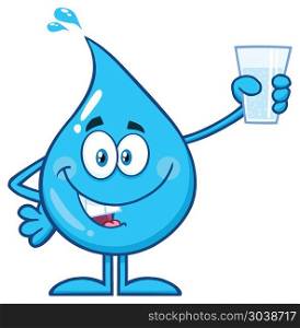 Blue Water Drop Cartoon Mascot Character Holding Up A Water Glass Cup. Vector Illustration Isolated On White Background