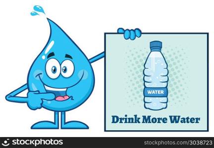 Blue Water Drop Cartoon Mascot Character Pointing A Drink More Water Sign. Vector Illustration Isolated On White Background