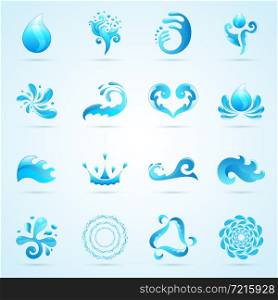 Blue water drops and splashes icons set isolated vector illustration. Water Drops Icons