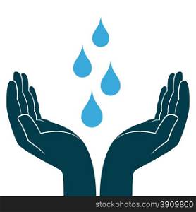 Blue water drops in human hands, conceptual ecologic vector illustration