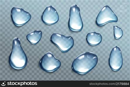 Blue water drops isolated on transparent background. Vector realistic set of clear liquid droplet different shapes, pure water dew, condensation on cool glass surface or rain on window. Blue water drops on transparent background