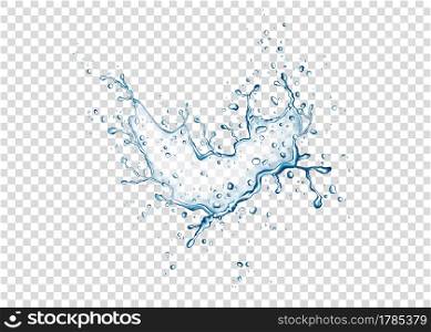 Blue water splash and drops isolated on transparent background. Aqua. Vector texture.