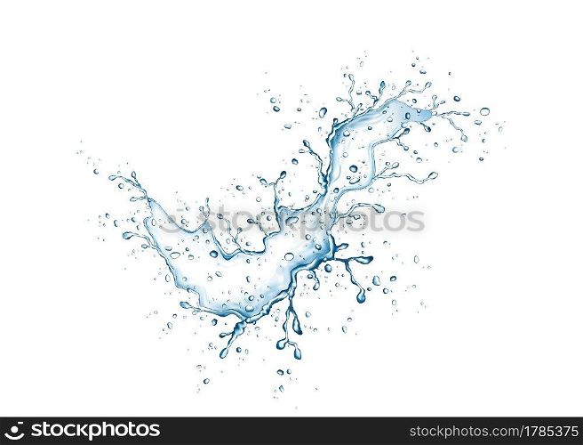 Blue water splash and drops isolated on white background. Aqua. Vector texture.