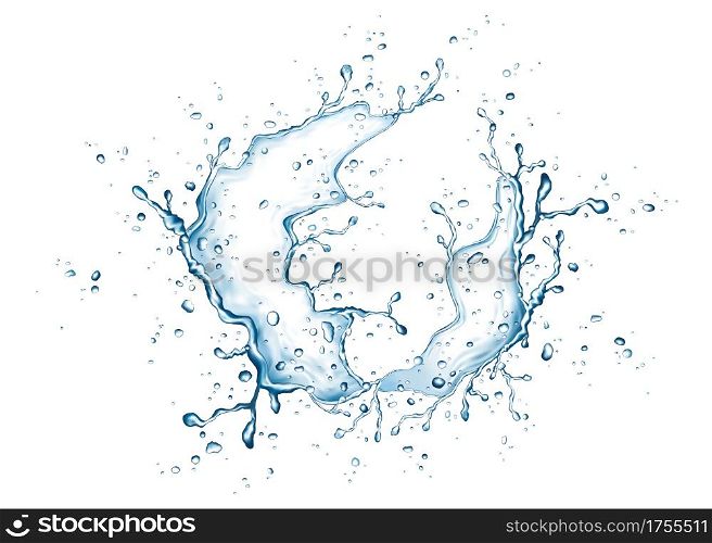Blue water splash and drops isolated on white background. Vector texture.