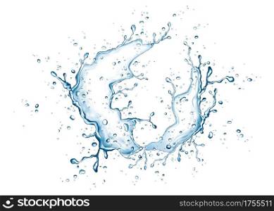 Blue water splash and drops isolated on white background. Vector texture.