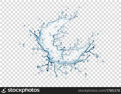 Blue water splash and drops on transparent background. Vector texture.