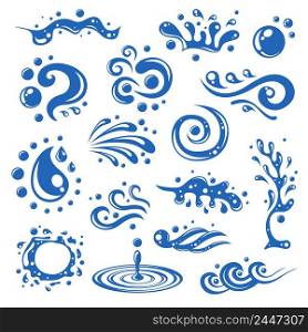 Blue water splashes waves drops blots decorative icons isolated vector illustration
