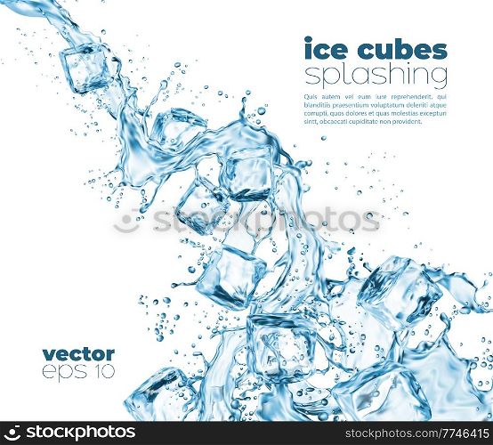 Blue water wave cascade splashes and crystal ice cubes realistic 3d vector. Pouring water swirl, transparent clean liquid or cold drink flow with splashing drops isolated on white background. Blue water wave cascade splashes and ice cubes