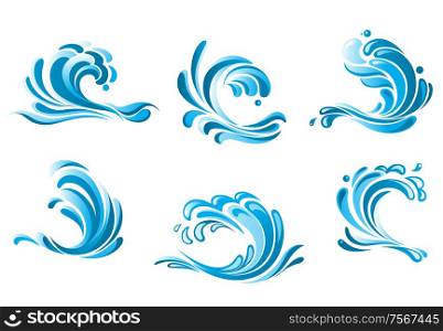 Blue water waves symbols isolated on white, suitable for ecology, nautical or marine design
