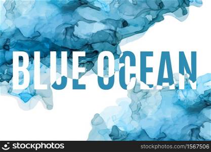 Blue watercolor background, wet liquid, hand drawn vector watercolor texture. Blue ink background, wet liquid, hand drawn vector