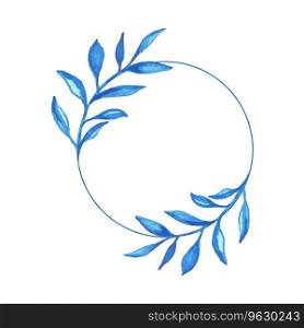 Blue watercolor leaves circle frame for card or invitations. Hand drawn greenery bouquet, vector isolated illustration