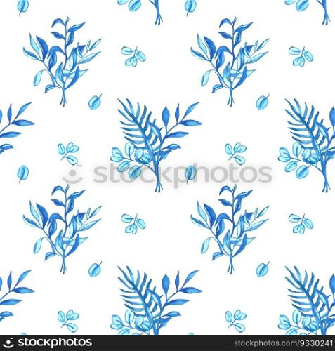 Blue watercolor leaves seamless pattern for card or wedding invitations. Vector background. Blue watercolor leaves for card or invitations