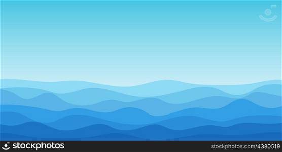 Blue wave background. Abstract water waves in ocean or sea. Design pattern for summer, decoration and adventure. Style graphic banner. Flat vector illustration.