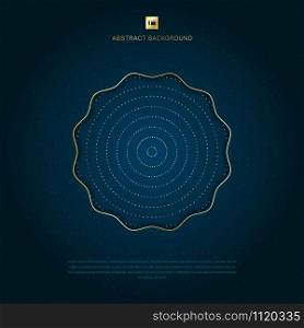 Blue wave circle label center with golden dots pattern glitter shining on dark background. Luxury style geometric. Vector illustration