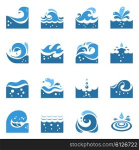 Blue Wave Icons Set. Blue wave flat icons set with sea swirl and water splashing isolated vector illustration