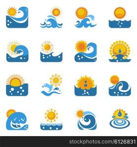 Blue Wave With Sun Icons Set. Blue swirling waves flat icons set with yellow sun disk and rays isolated vector illustration
