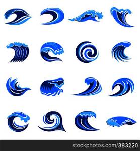 Blue waves icons set. Simple illustration of 16 blue waves vector icons for web. Blue waves icons set, simple style