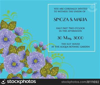 Blue wedding invitation card with watercolor floral decoration