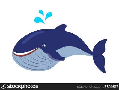 Blue whale cartoon character. Cute whale spray water flat vector isolated on white background. Aquatic fauna. Whale icon. Animal illustration for zoo ad, nature concept, children book illustrating
