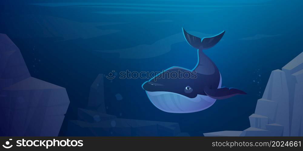 Blue whale swim in ocean space with rocks around. Marine animal, wildlife creature in sea environment, fauna species, underwater life, ecology conservation, save planet, Cartoon vector illustration. Blue whale swim in ocean space with rocks around