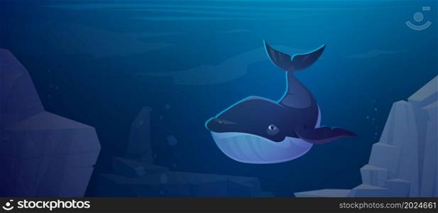 Blue whale swim in ocean space with rocks around. Marine animal, wildlife creature in sea environment, fauna species, underwater life, ecology conservation, save planet, Cartoon vector illustration. Blue whale swim in ocean space with rocks around