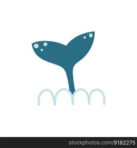 Blue whale tail with ocean waves. Cartoon vector illustration on white background. 