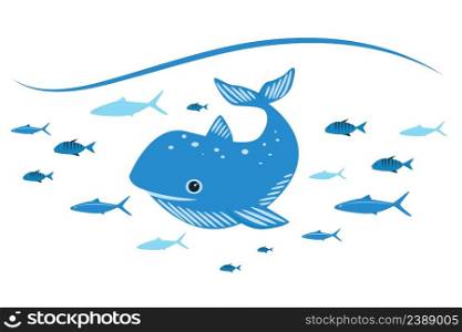 Blue whale with fish vector illustration. Cartoon whale in the sea. Nautical or oceanic illustration