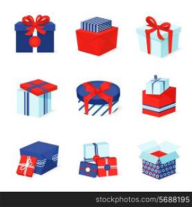 Blue white and red boxes and package gift container icons set isolated vector illustration
